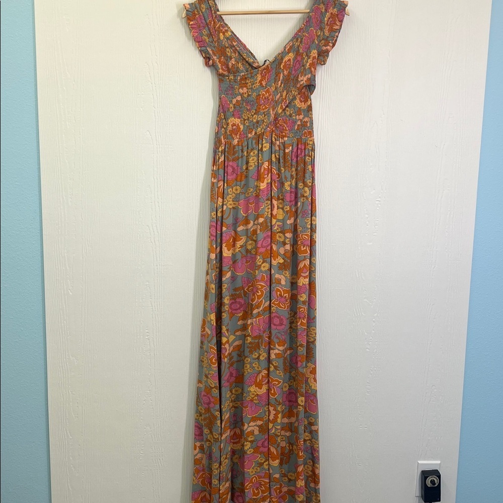 Aakaa - Colorful Floral Smocked Cross Chest Slit Long Maci Dress Size Small - Picture 11 of 12